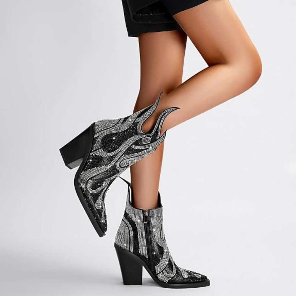 Black Silver Glitter Rhinestone Flame Pattern Cowgirl Ankle Boots US 7 / 7.5